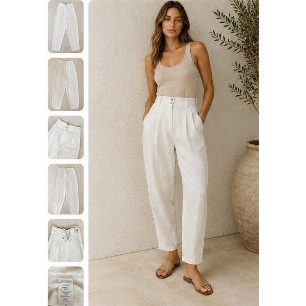 Zara White Linen Blend Pleated Tapered Pants Women’s Large High Rise Minimalist